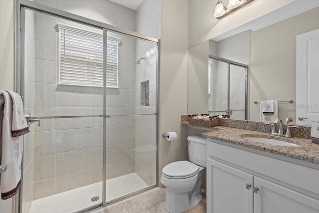 bathroom with toilet, a stall shower, and vanity