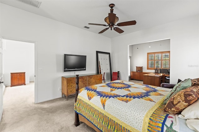 bedroom with carpet flooring, ceiling fan, and visible vents