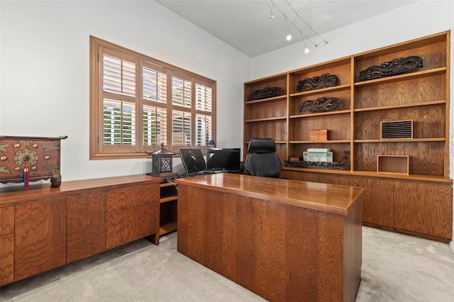 office area featuring light colored carpet