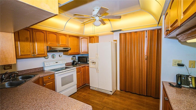 1655 S Highland Ave Unit F126, Clearwater, FL 33756 - kitchen with white appliances, dark wood-style floors, under cabinet range hood, ceiling fan, and a sink