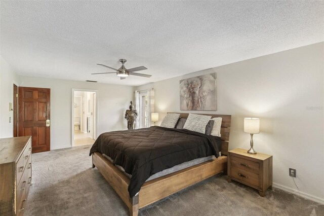 170 Foxfire Ln, Oldsmar, FL 34677 - bedroom with visible vents, a ceiling fan, light carpet, ensuite bath, and baseboards