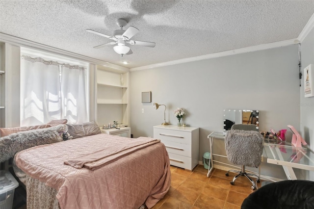 170 Foxfire Ln, Oldsmar, FL 34677 - bedroom with a ceiling fan, crown molding, a textured ceiling, and light tile patterned flooring