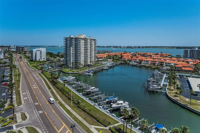 drone / aerial view with a water view and a city view
