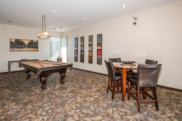 playroom with carpet floors, baseboards, recessed lighting, and pool table