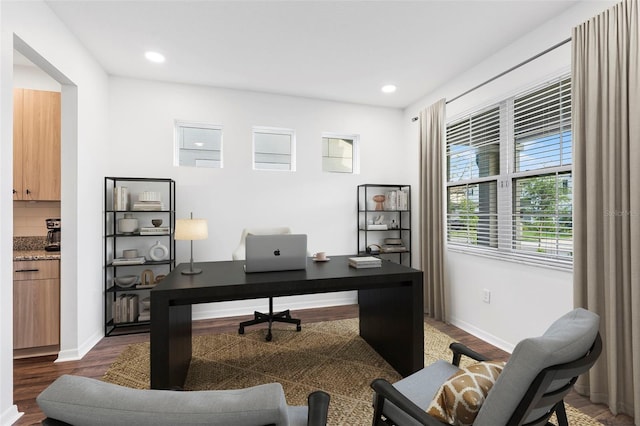 office with recessed lighting, baseboards, and dark wood finished floors