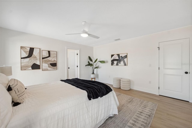 9920 Spoonbill Rd E, Bradenton, FL 34209 - bedroom with light wood-type flooring, baseboards, and ceiling fan