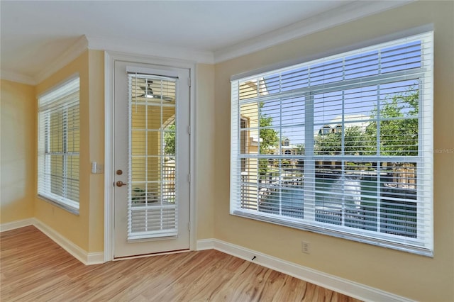 6451 Sunset Bay Cir, Apollo Beach, FL 33572 - entryway featuring plenty of natural light, light wood-style flooring, baseboards, and ornamental molding
