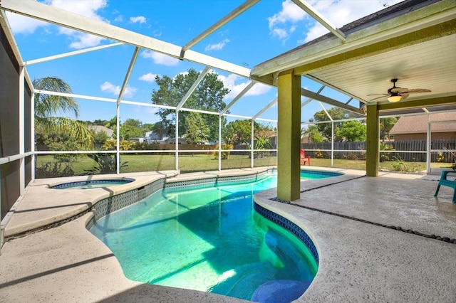 9603 Sunnyoak Dr, Riverview, FL 33569 - view of swimming pool featuring fence, ceiling fan, glass enclosure, and a patio