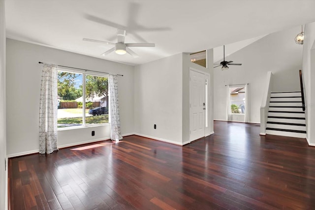 9603 Sunnyoak Dr, Riverview, FL 33569 - empty room with ceiling fan, baseboards, wood-type flooring, and stairs