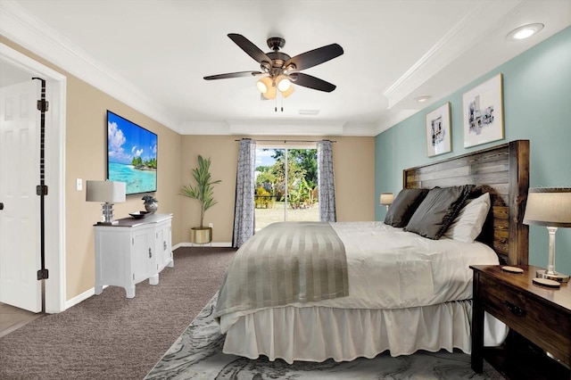 9603 Sunnyoak Dr, Riverview, FL 33569 - bedroom with baseboards, ornamental molding, carpet flooring, and access to exterior
