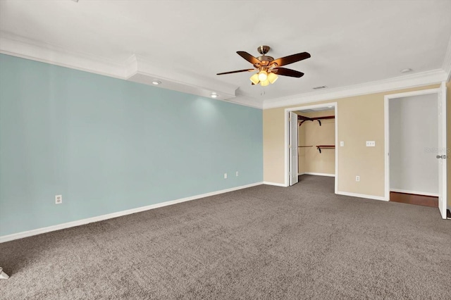 9603 Sunnyoak Dr, Riverview, FL 33569 - unfurnished bedroom featuring a ceiling fan, baseboards, dark carpet, and crown molding