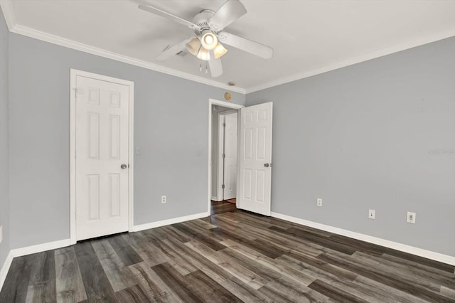 9603 Sunnyoak Dr, Riverview, FL 33569 - unfurnished bedroom featuring visible vents, baseboards, ceiling fan, dark wood-type flooring, and ornamental molding