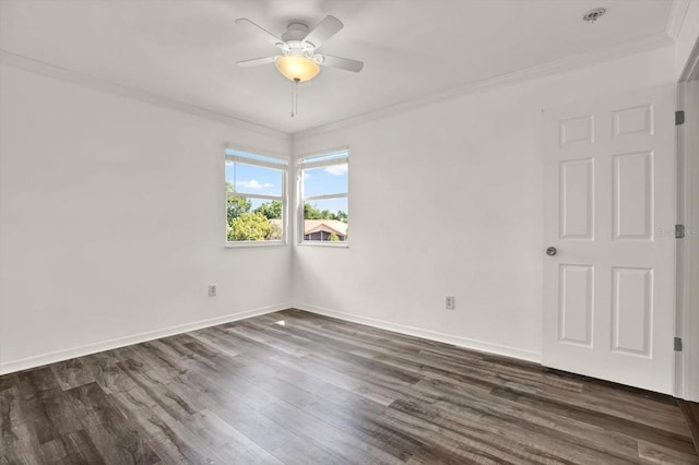 9603 Sunnyoak Dr, Riverview, FL 33569 - unfurnished room featuring a ceiling fan, baseboards, dark wood-type flooring, and crown molding