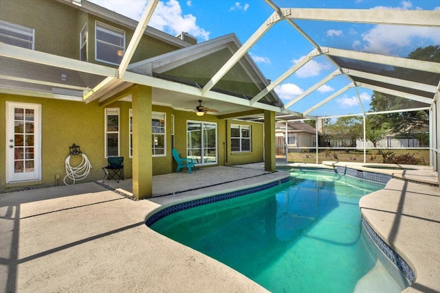 9603 Sunnyoak Dr, Riverview, FL 33569 - pool with a ceiling fan, a lanai, a patio, and an in ground hot tub