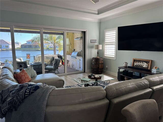 living area with wood finished floors, ornamental molding, a water view, a tray ceiling, and baseboards