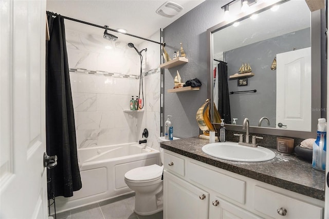 13416 Algoma Ave, Spring Hill, FL 34609 - bathroom featuring a textured wall, vanity, shower / bath combo, toilet, and tile patterned floors