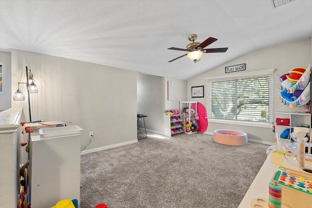 6230 Gannetdale Dr, Lithia, FL 33547 - rec room featuring ceiling fan, lofted ceiling, carpet, and baseboards
