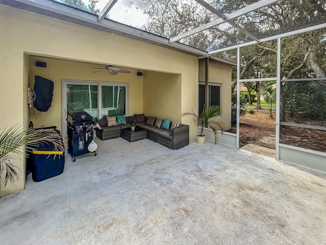 6230 Gannetdale Dr, Lithia, FL 33547 - sunroom featuring a ceiling fan and outdoor lounge area