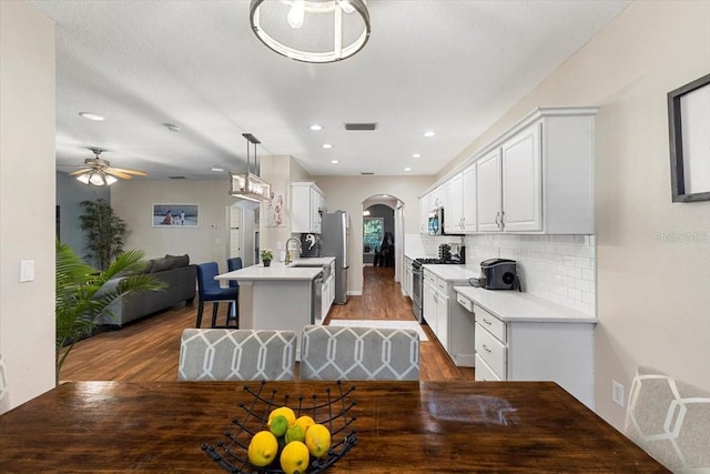 6230 Gannetdale Dr, Lithia, FL 33547 - kitchen featuring stainless steel appliances, arched walkways, open floor plan, wood finished floors, and ceiling fan