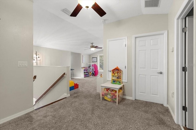 6230 Gannetdale Dr, Lithia, FL 33547 - game room with ceiling fan, carpet floors, and vaulted ceiling