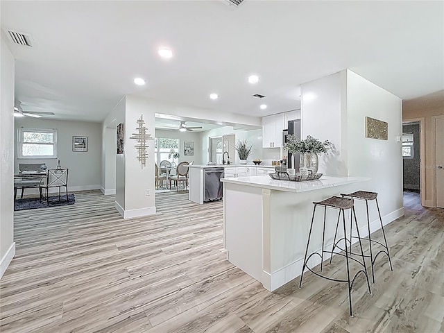 1469 S Hillcrest Ave, Clearwater, FL 33756 - kitchen with a peninsula, a ceiling fan, stainless steel dishwasher, light wood-type flooring, and baseboards