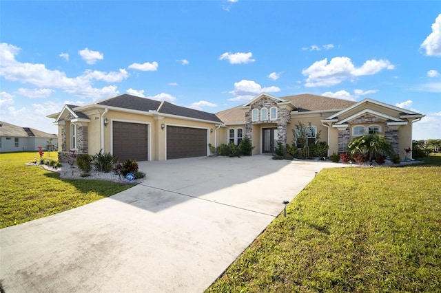 5325 San Remo Cir, Wimauma, FL 33598 - view of front facade featuring concrete driveway, a front yard, stone siding, and an attached garage