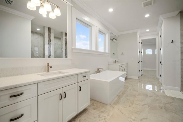 5325 San Remo Cir, Wimauma, FL 33598 - full bathroom with a shower stall, a sink, ornamental molding, and visible vents