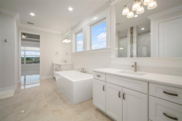 5325 San Remo Cir, Wimauma, FL 33598 - full bathroom with a sink, ornamental molding, visible vents, marble finish floor, and a tile shower