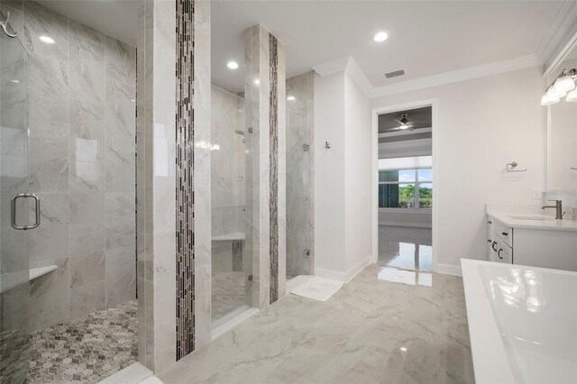 5325 San Remo Cir, Wimauma, FL 33598 - bathroom featuring visible vents, ornamental molding, vanity, marble finish floor, and a stall shower