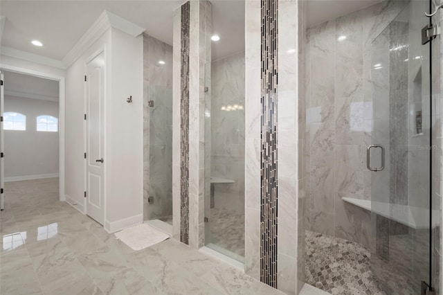 5325 San Remo Cir, Wimauma, FL 33598 - full bath with crown molding, a shower stall, recessed lighting, marble finish floor, and baseboards