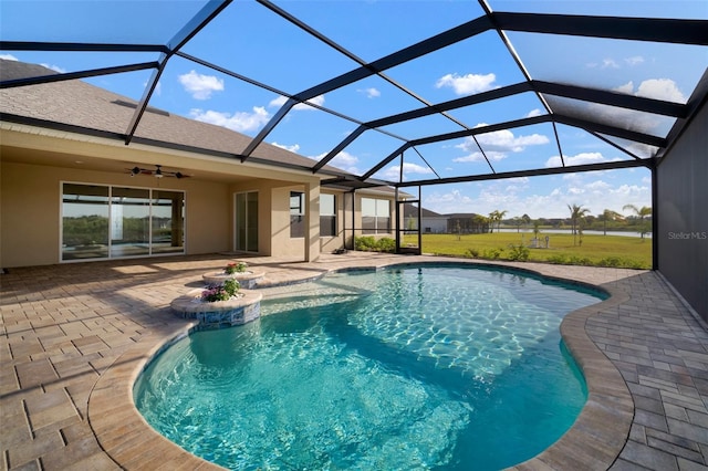 5325 San Remo Cir, Wimauma, FL 33598 - outdoor pool with a ceiling fan, a patio, a lawn, and a lanai