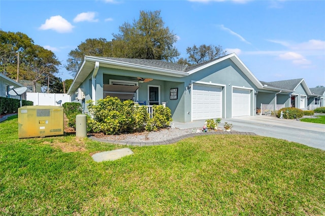 6745 Basswood Cir, Zephyrhills, FL 33542 - ranch-style house with a garage, stucco siding, a ceiling fan, fence, and driveway