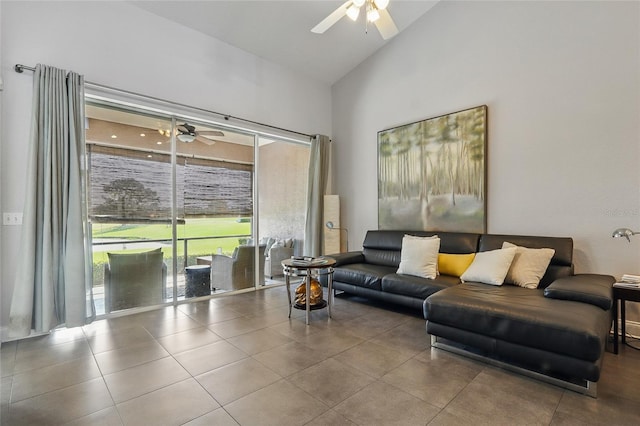 living room featuring high vaulted ceiling, tile patterned floors, and ceiling fan