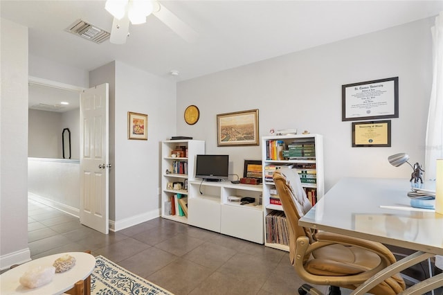 office area featuring tile patterned floors, ceiling fan, baseboards, and visible vents