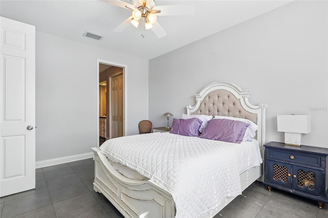 bedroom featuring ceiling fan, baseboards, tile patterned flooring, and visible vents