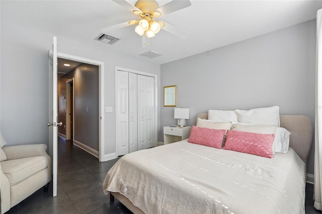 bedroom featuring visible vents, a closet, and a ceiling fan
