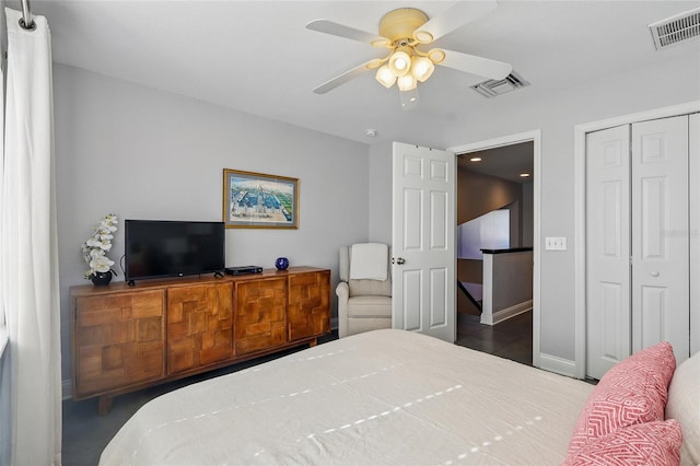 bedroom with a closet, ceiling fan, baseboards, and visible vents