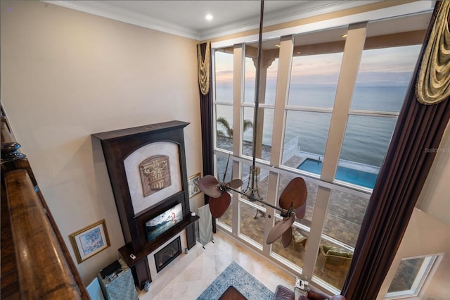 6408 Bright Bay Ct, Apollo Beach, FL 33572 - room details featuring a water view and ornamental molding
