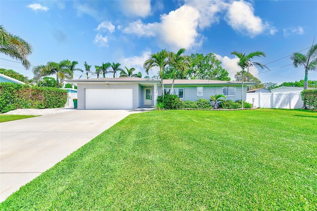 single story home featuring an attached garage, concrete driveway, fence, and a front lawn