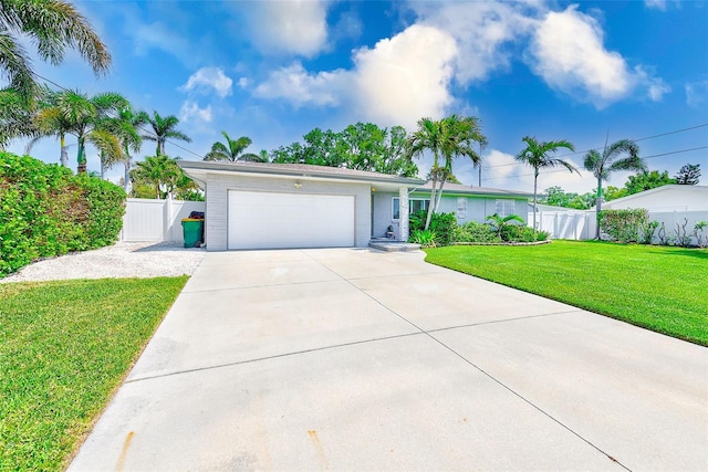 ranch-style house with fence, a garage, a front yard, and driveway