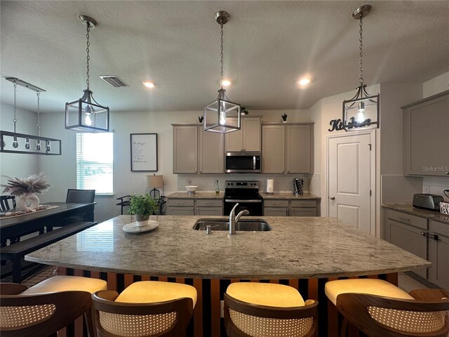 33034 Sand Creek Dr, Wesley Chapel, FL 33543 - kitchen featuring stainless steel appliances, gray cabinetry, a sink, an island with sink, and tasteful backsplash