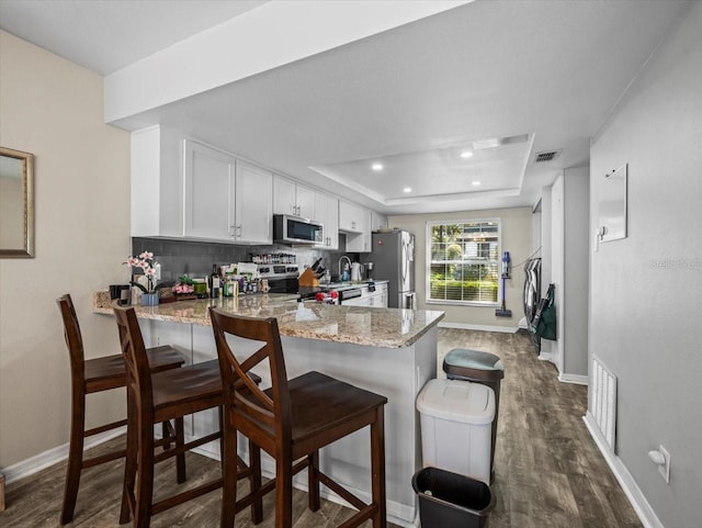 kitchen featuring baseboards, a peninsula, dark wood-type flooring, visible vents, and stainless steel appliances