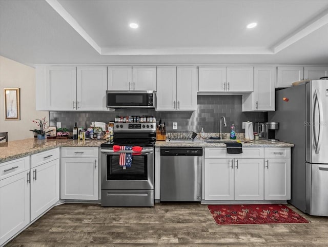 kitchen with white cabinets, a tray ceiling, and appliances with stainless steel finishes