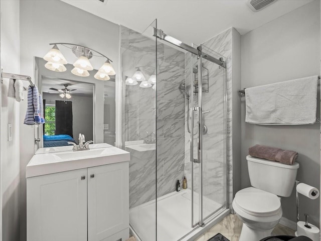 ensuite bathroom featuring visible vents, toilet, a ceiling fan, a marble finish shower, and marble finish floor