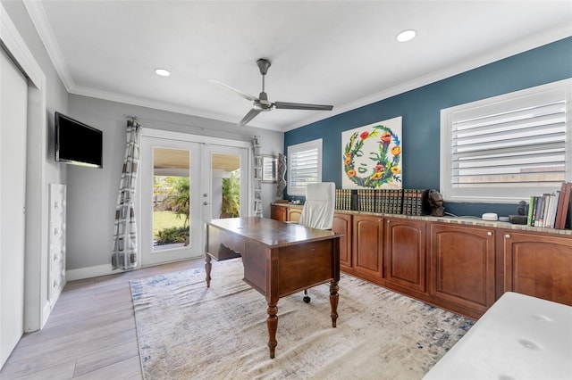 807 W Braddock St, Tampa, FL 33603 - office area with light wood-style flooring, ornamental molding, a ceiling fan, recessed lighting, and french doors