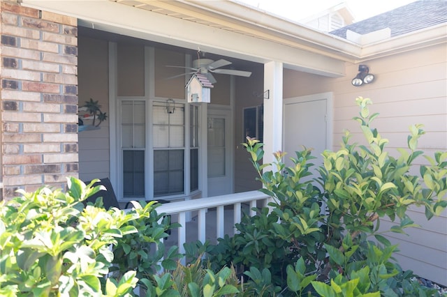 property entrance with a ceiling fan