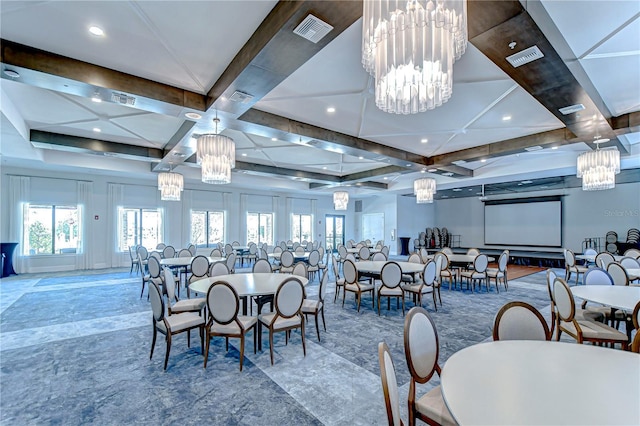 10555 Penny Gale Loop, San Antonio, FL 33576 - dining area with visible vents, a notable chandelier, and coffered ceiling