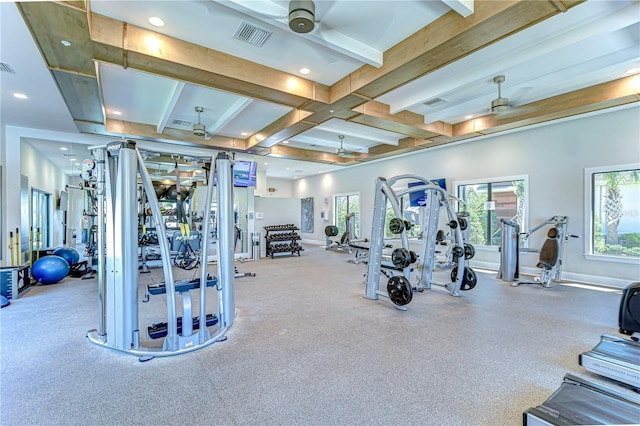 10555 Penny Gale Loop, San Antonio, FL 33576 - gym with recessed lighting, coffered ceiling, visible vents, baseboards, and ceiling fan