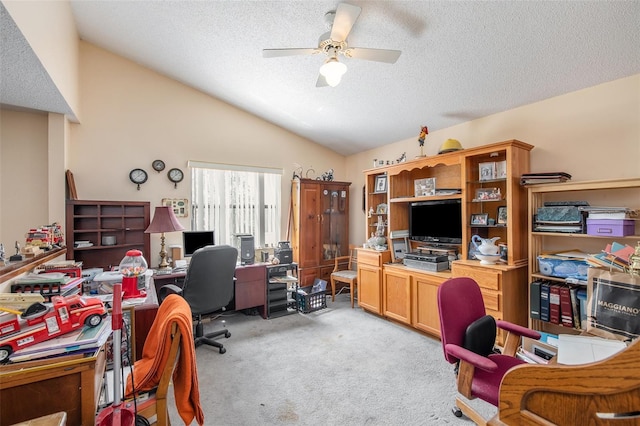 8704 Tarrington Pl, Tampa, FL 33635 - office with vaulted ceiling, ceiling fan, light colored carpet, and a textured ceiling