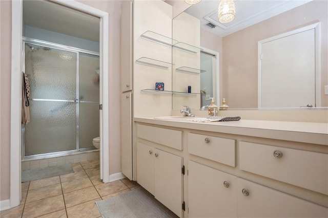 full bathroom with visible vents, tile patterned flooring, a shower stall, and toilet